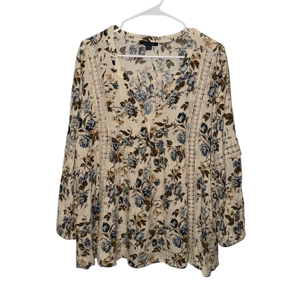 American Eagle Cream Floral Boho Western Babydoll Blouse